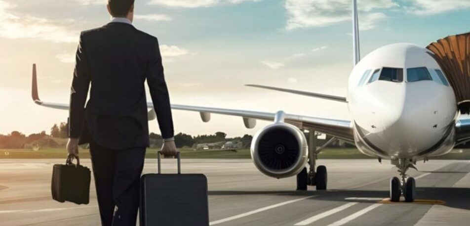 Business traveller walking toward a plane with luggage, highlighting professional Airport Transportation Services.