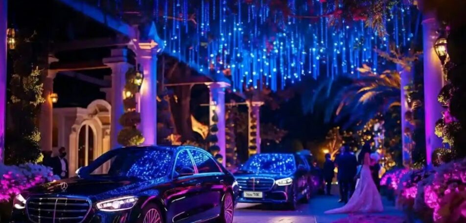 Luxury black sedans parked at a beautifully decorated venue under sparkling blue lights, representing premium Special Event Rides for weddings and grand celebrations.