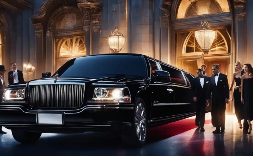 Elegant black limousine arriving on a red carpet at a grand venue, highlighting luxury Special Event Rides for VIP occasions.