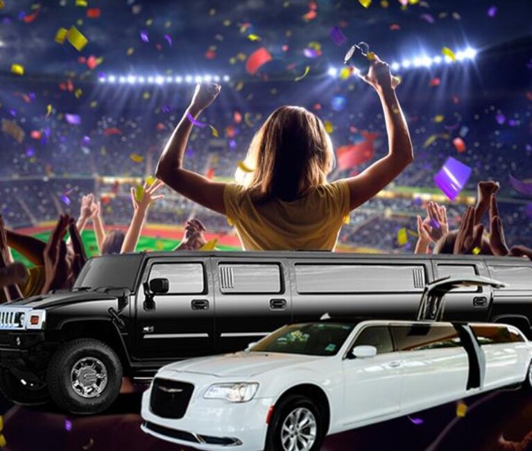 A cheering crowd at a packed stadium is celebrating while luxury limousines and SUVs represent reliable Sports Day Transportation for comfortable and stylish event travel.