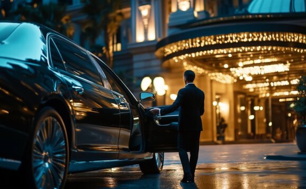 Professional chauffeur opening a luxury limousine outside an elegant venue at night, showcasing premium Prom Night Transportation Services.