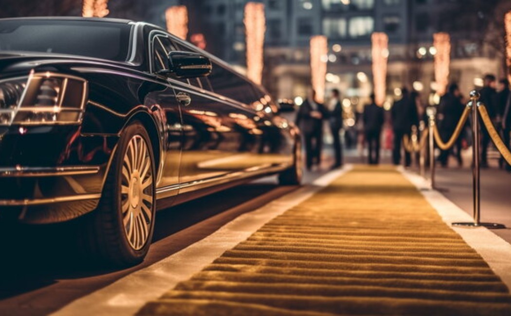 A sleek black limousine parked beside a glowing red carpet with guests arriving at a glamorous evening event. Prom Night Rides offers a luxurious and unforgettable entrance experience.