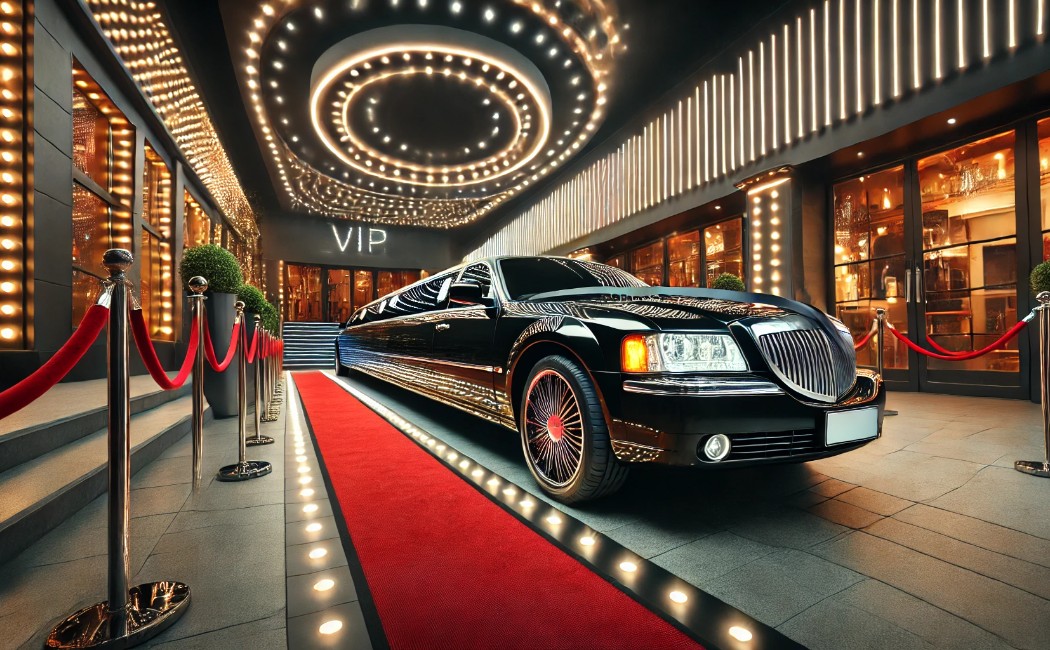 Luxury black stretch limousine parked on a red carpet under bright marquee lights, representing premium Prom Night Transportation Services for a glamorous VIP arrival.